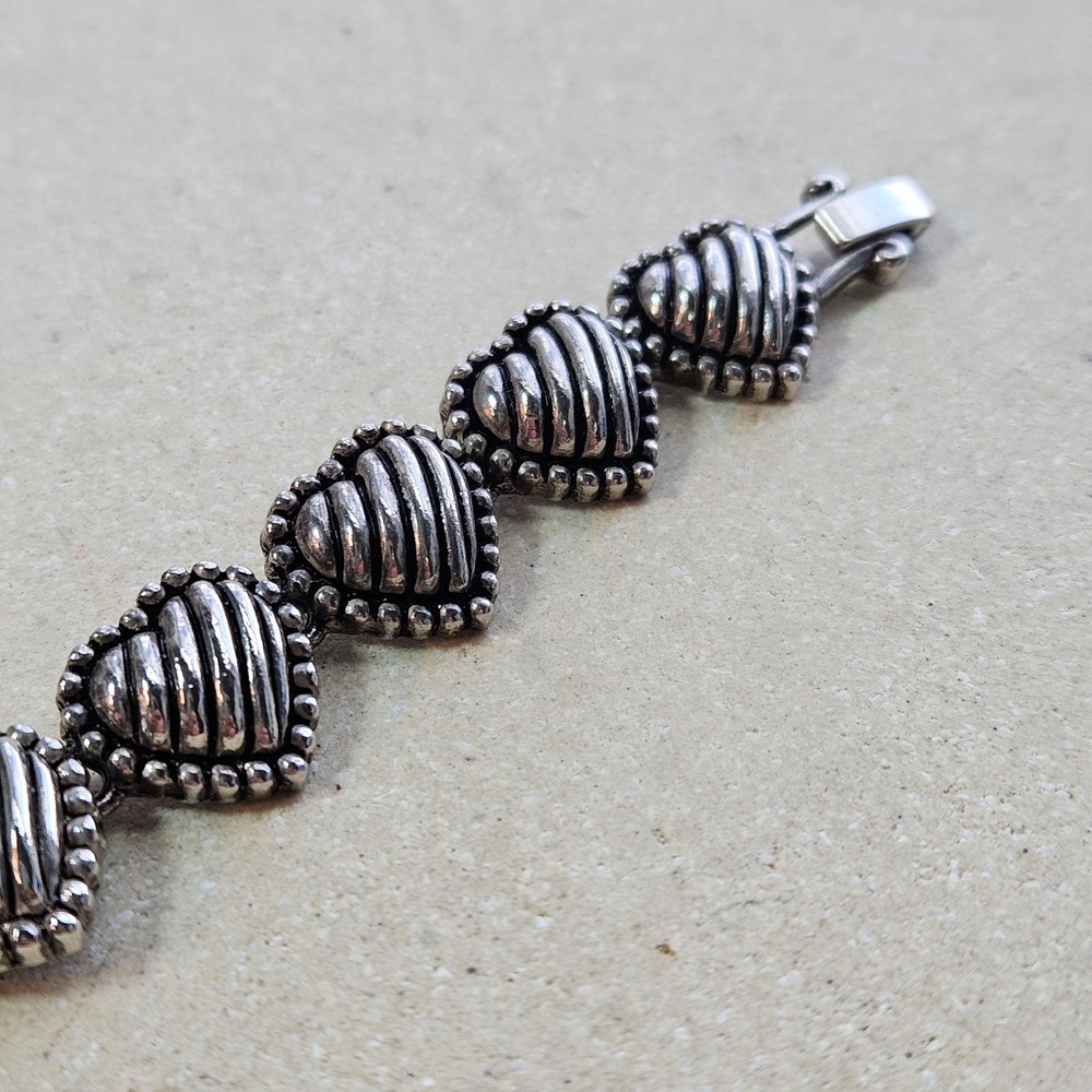 Vintage 90s Silver Tone Puffed Ribbed Heart Link Bracelet Jewelry Brighton - Picture 4 of 5